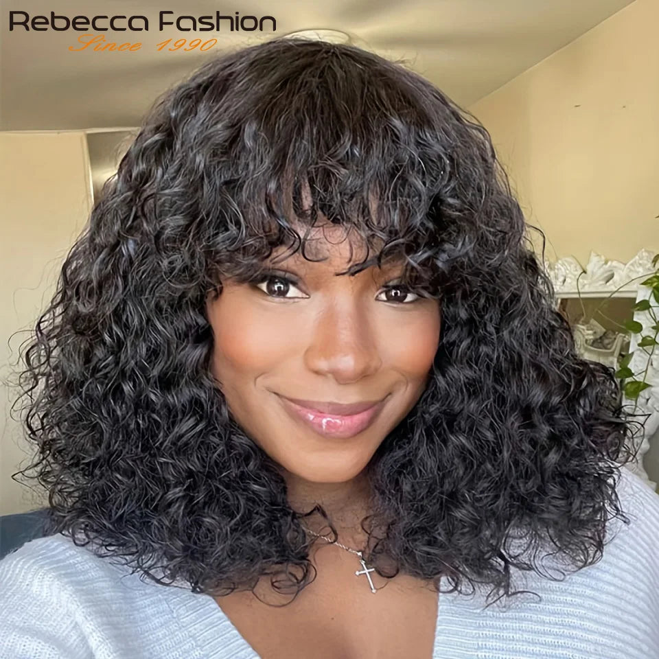 Perruques de cheveux humains Pixie Cut Bob avec frange pour femme, perruque pleine machine bouclée, surbrillance, couleur blond miel, court, caution