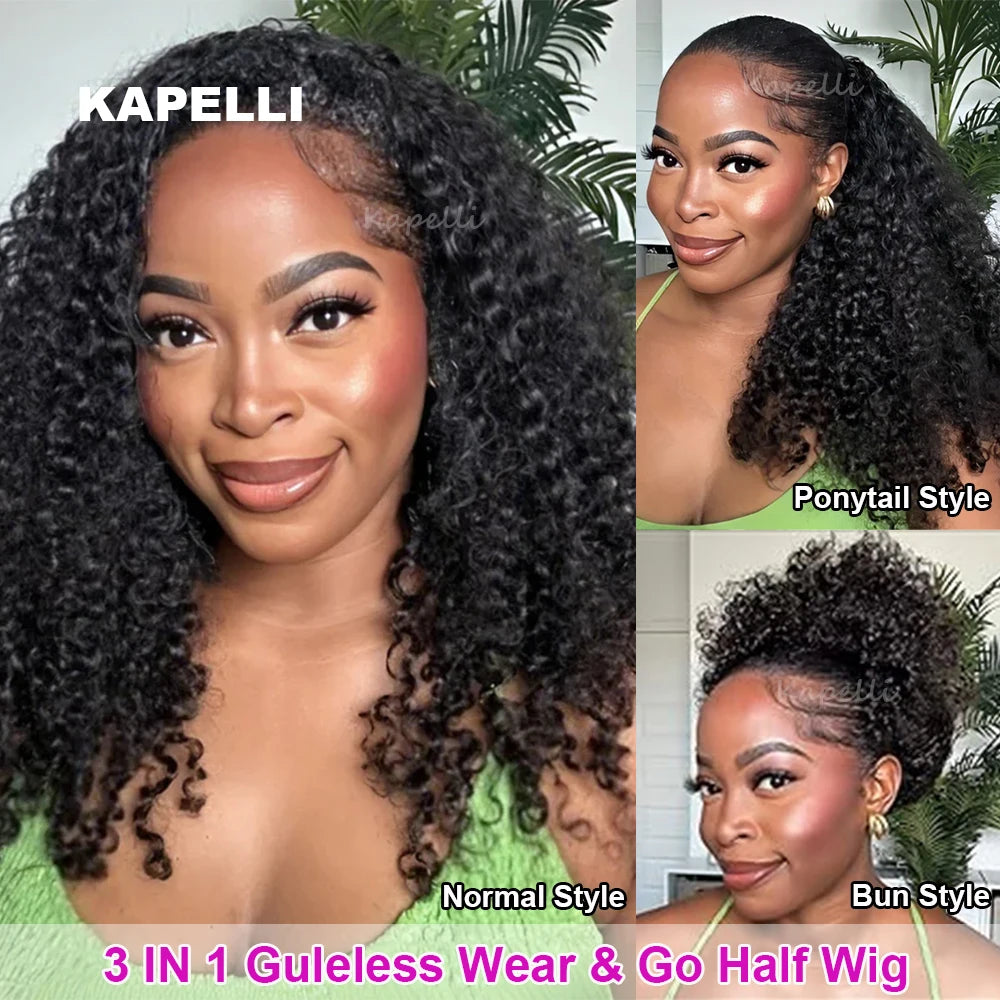 Demi-perruque cheveux humains crépus bouclés sans colle perruque cheveux humains prêt à porter 3 en 1 demi perruque avec cordon 250 densité bouclée demi-perruque