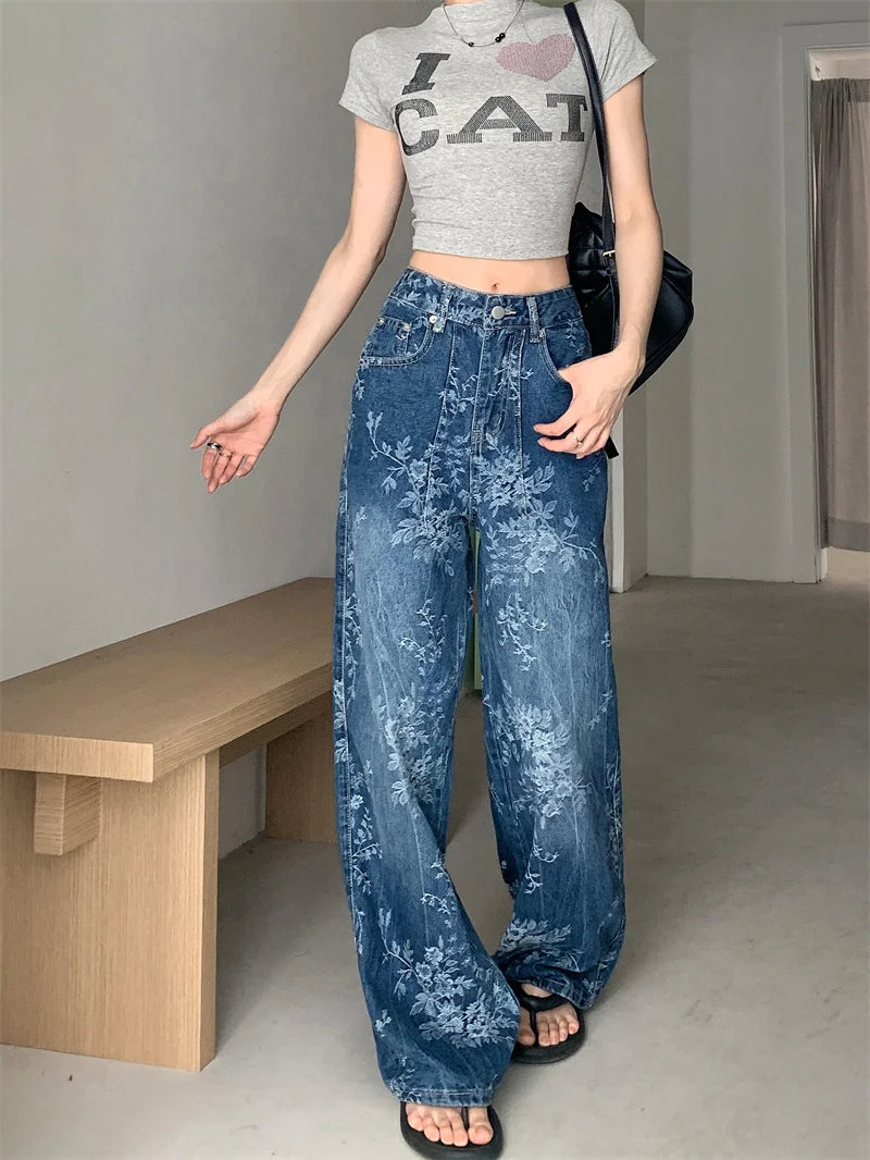 2025 Premium Y2K Jeans - Pantalon Palazzo en Denim vieilli imprimé floral artistique décontracté à jambe droite 2664