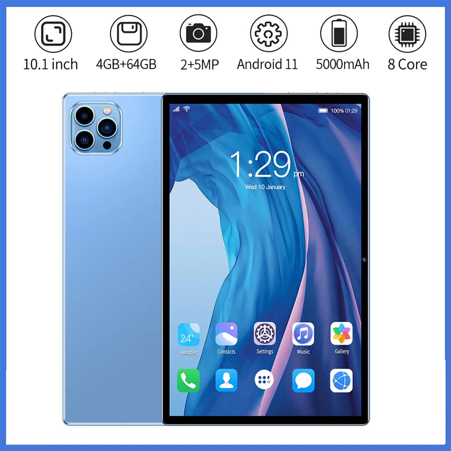 Tablette Android 11.0 de 10.1 Pouces, Octa Core, 4 Go de RAM, 64 Go de ROM, Dean, Double EpiCalls, Wi-Fi, Bluetooth, Version Globale, Mini PC Ultra Mince
