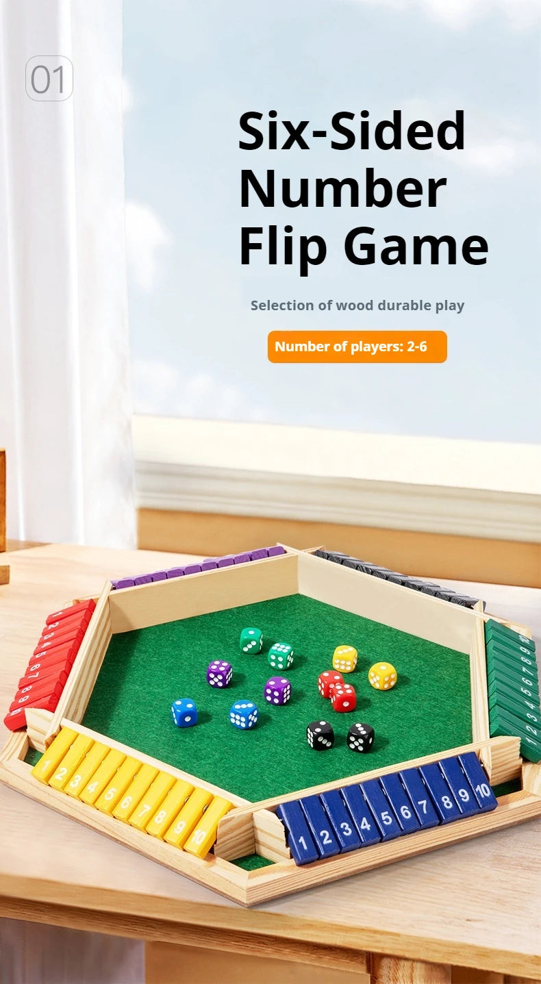 Six-sided flipping game, wooden number game, dice game in a box - parent-child board game, bar party game, leisure game
