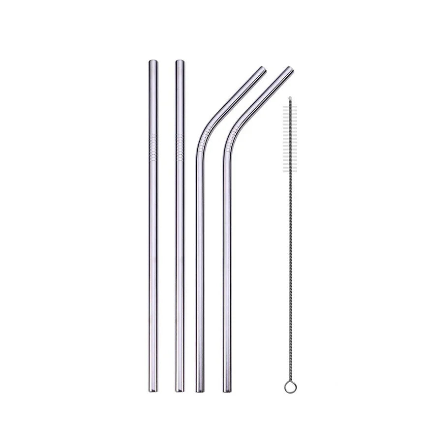 Paille à boire réutilisable en acier inoxydable 304, paille métallique droite et courbée avec pochette pour brosse de nettoyage, vente en gros