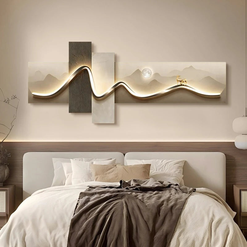 Chambre principale salon géométrique bureau décor peinture avec lumières luxe canapé TV fond mur suspendu photo chambre lits