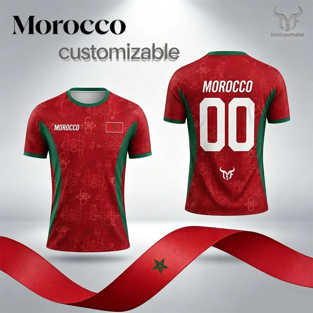 Maillot de football unisexe à séchage rapide et respirant pour homme, imprimé drapeau du Maroc 2026, personnalisable avec nom et numéro
