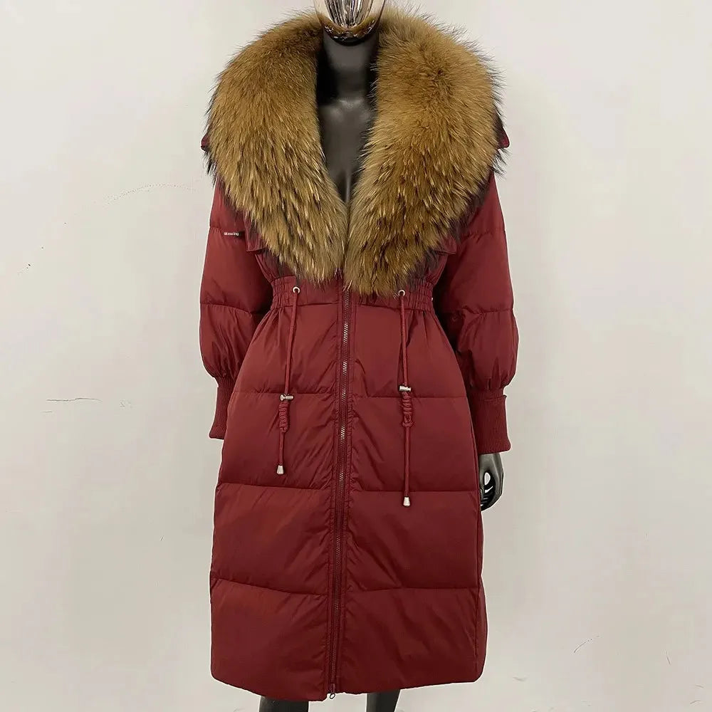 Doudoune longue avec col en fourrure pour femme, pardessus en fourrure de renard, longueur aux genoux, à la mode, chaude, cintrée à la taille, vêtements d'extérieur amincissants