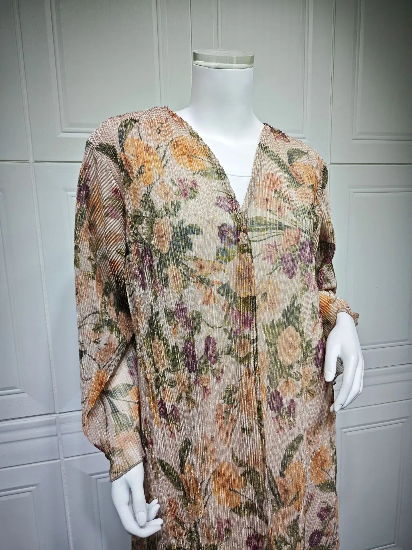 Luxury Dubai Women's Abaya Hijab Included Muslim Elegant Floral Print Pleated Open Long Sleeve Cardigan Caftan