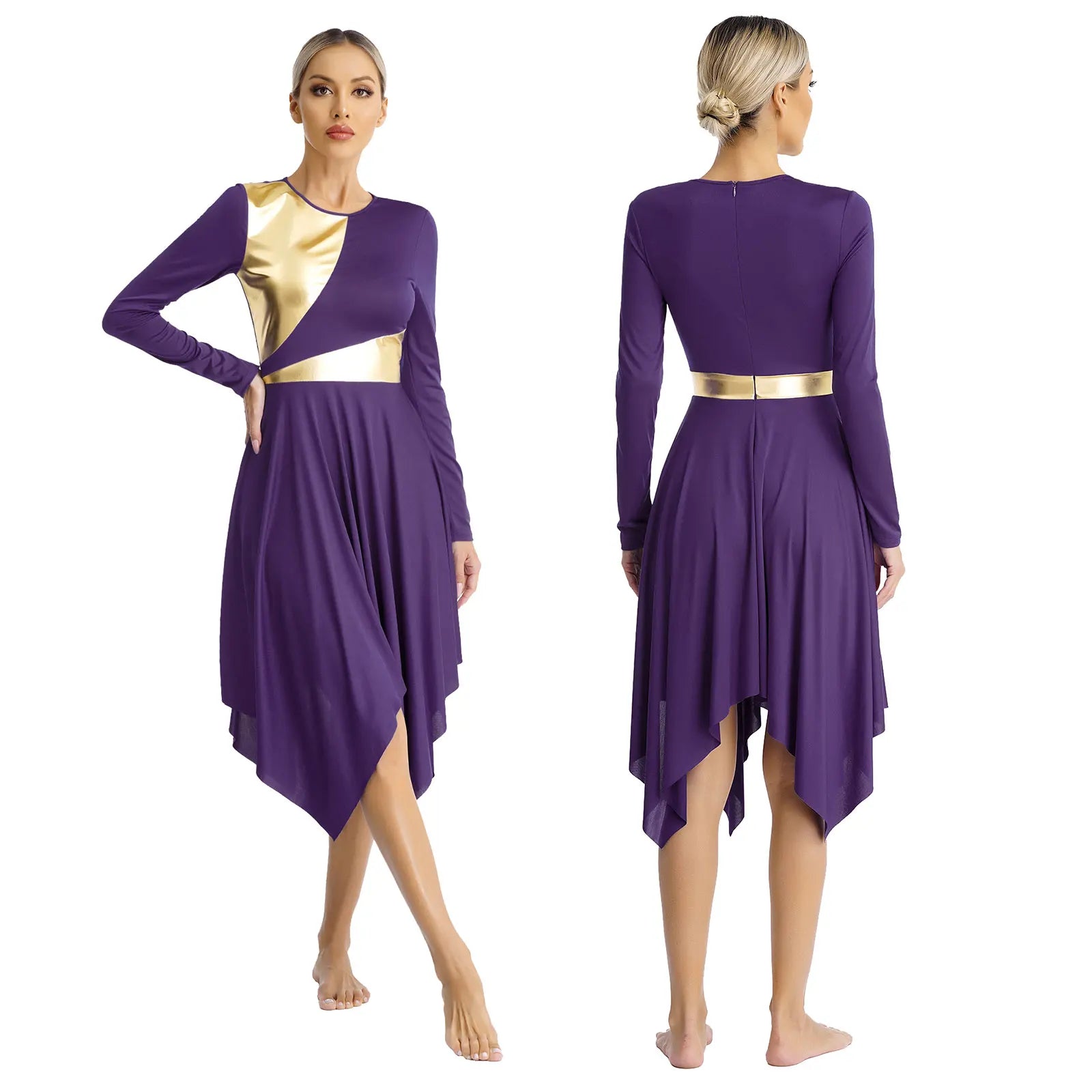 Robe de danse lyrique à manches longues pour femmes, robe à ourlet irrégulier, costume de spectacle liturgique, vêtements de danse modernes, culte de la chorale d'église