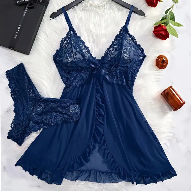 Tulle Ultra Sexy chemise de nuit col en v soutien-gorge ouvert sommeil jupe nuit robe érotique femme pure pyjamas Lingerie tongs Kit de luxe