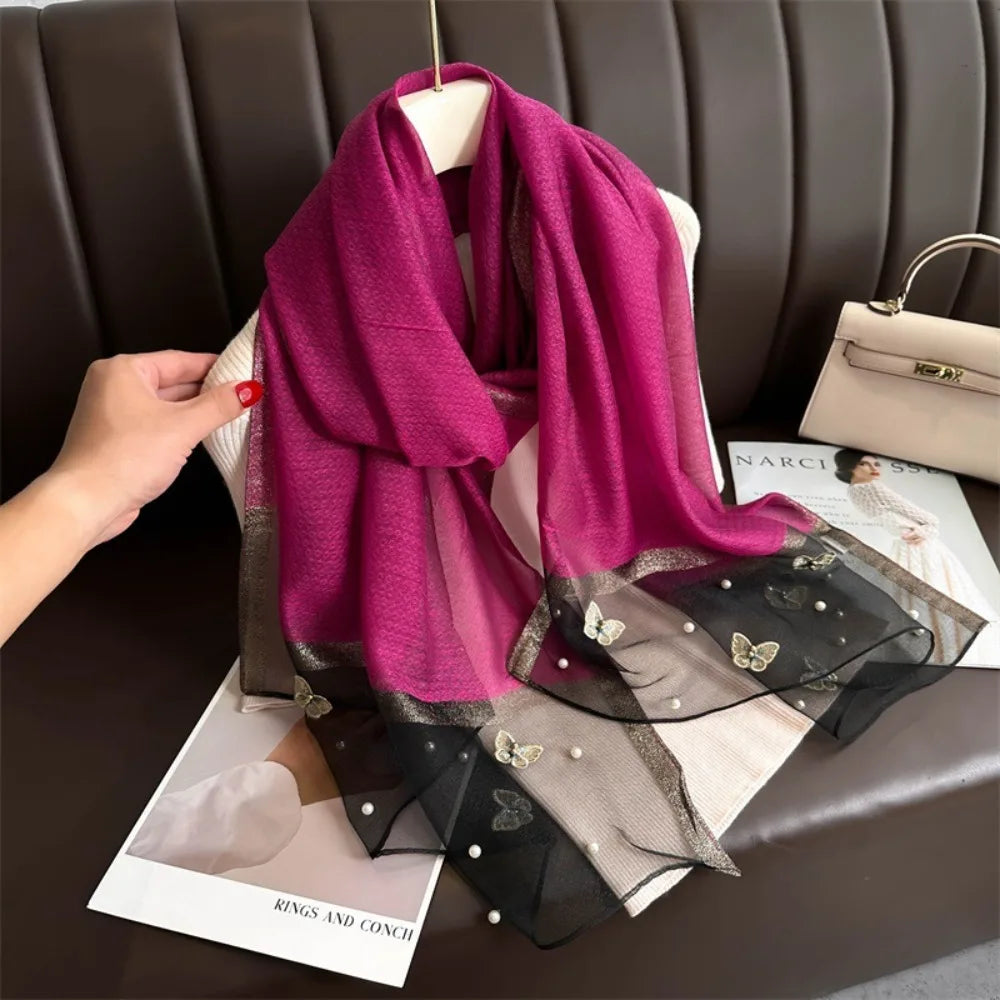 Grand Foulard Fin et Élégant avec Broderie Papillon, Châle Hijab de Luxe pour Femme