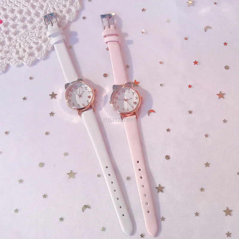 Nouvelle mode enfants amour cadran numérique enfants montre ensemble bracelet en cuir montres à Quartz enfant filles horloge enfants cadeau montre (sans boîte)