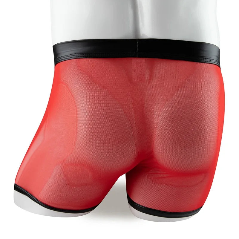 Men's underwear, sheer mesh boxer shorts, men's briefs, men's faux leather, detachable buckle, pouch, briefs, Cueca Calzoncillo