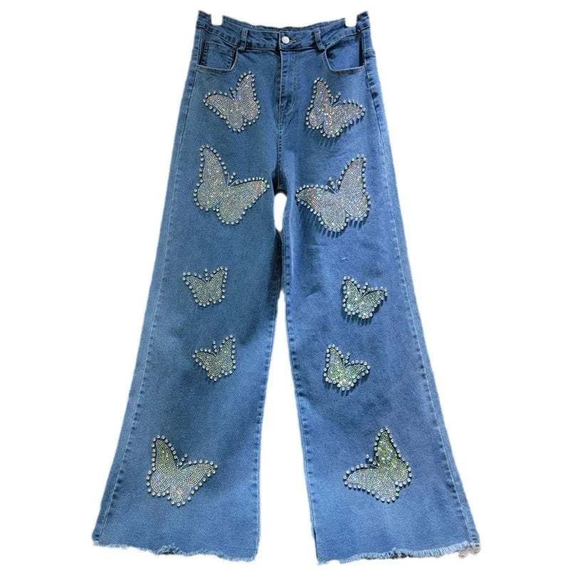 Women's high-waisted elastic jeans, floor-length pants, baggy pants, diamond beads, butterfly, wide leg, warm, casual, spring, autumn, new, 2025