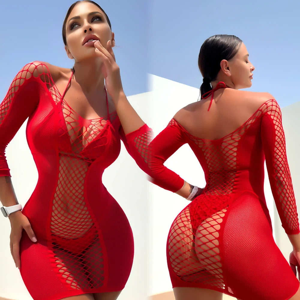 Amissié Women's Mini Bandage Dress, Sexy, Slim Fit, Babydoll, Square Neck with Gloves, Sexy, Backless, Nightclub