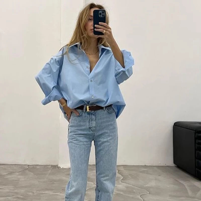 HXAO 2025 femme Blouses longues chemises à rayures femmes printemps été à manches longues bleu blanc chemise femme grands hauts chemises boutonnées