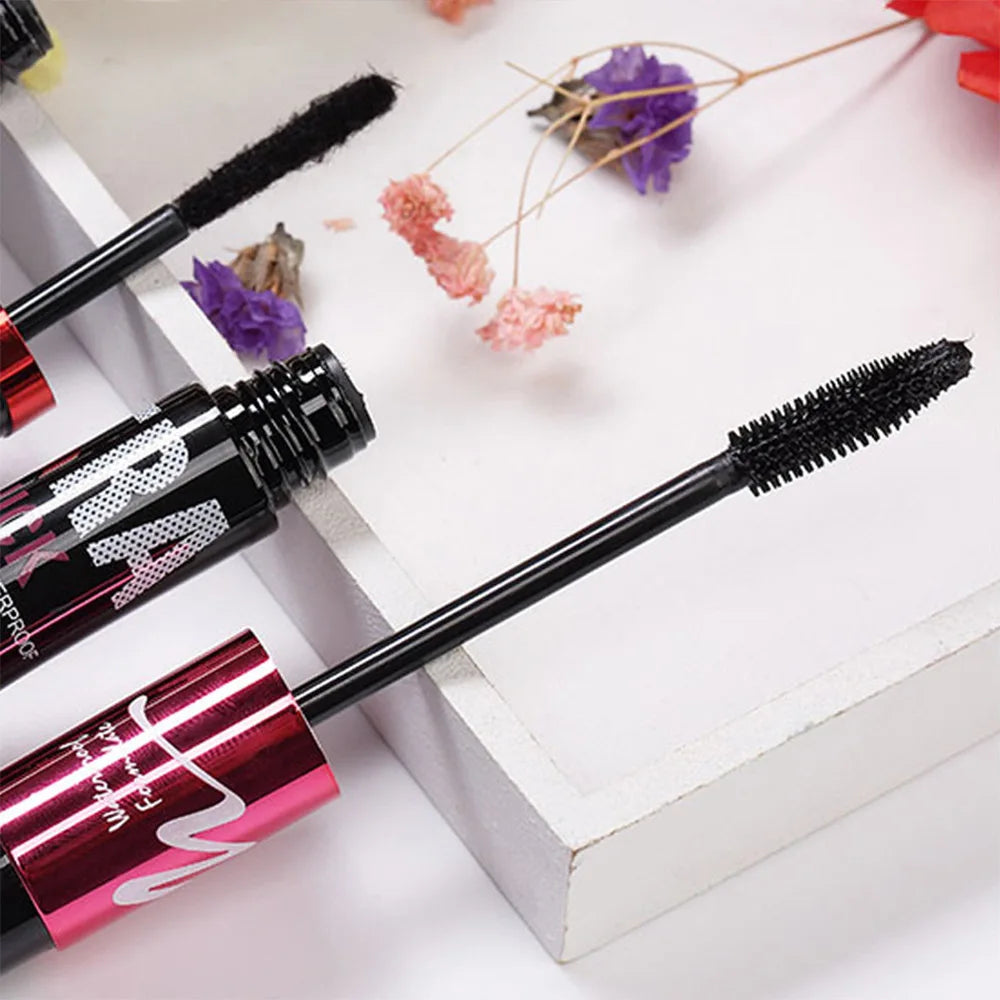 Ensemble de mascara en fibre avec double tubes, imperméable et longue durée, crée de longs cils naturellement recourbés sans bavures