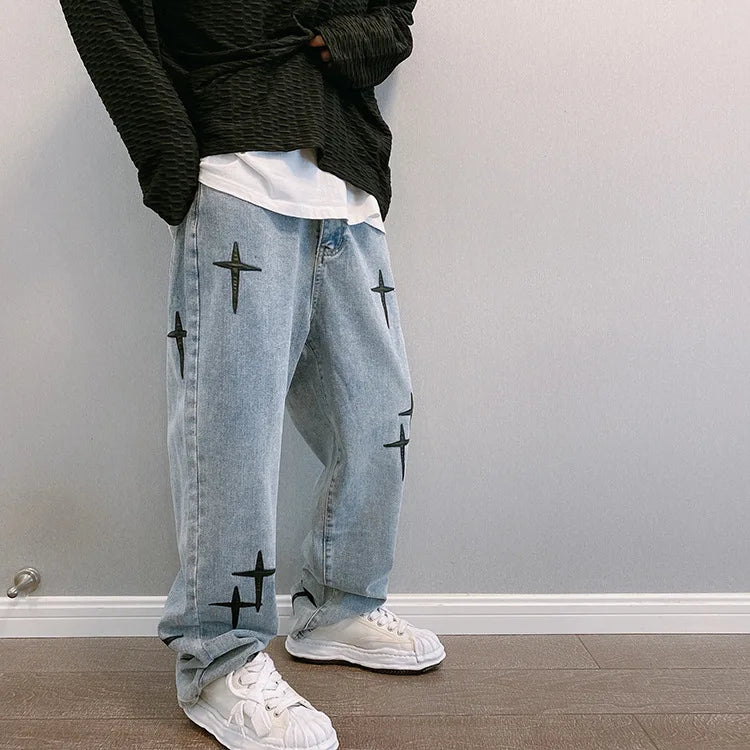 Men's printed jeans, streetwear, baggy, wide leg, Korean fashion, draped, straight, casual, loose fit, cargo pants, new 2023 collection