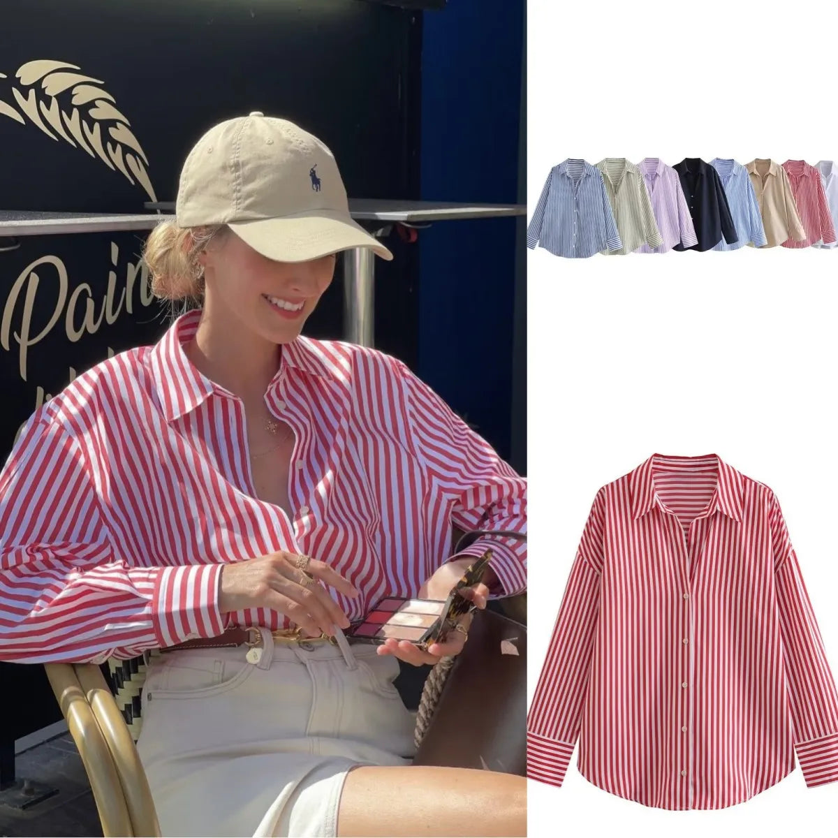ETJ 2025 femmes printemps nouvelle mode européenne-américaine rayé à manches longues revers version ample popeline chemise sélection multicolore
