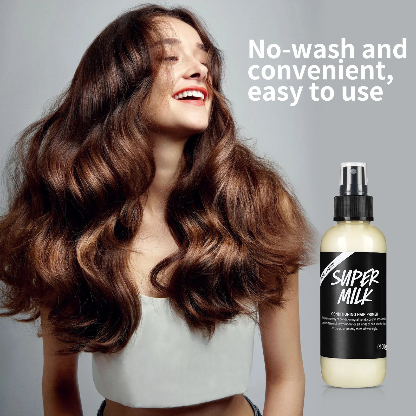 Spray d'apprêt capillaire revitalisant 100g – Contrôle des frisottis, lait d'avoine de noix de coco et d'amande, sans lavage, sans rinçage, lisse et brillant