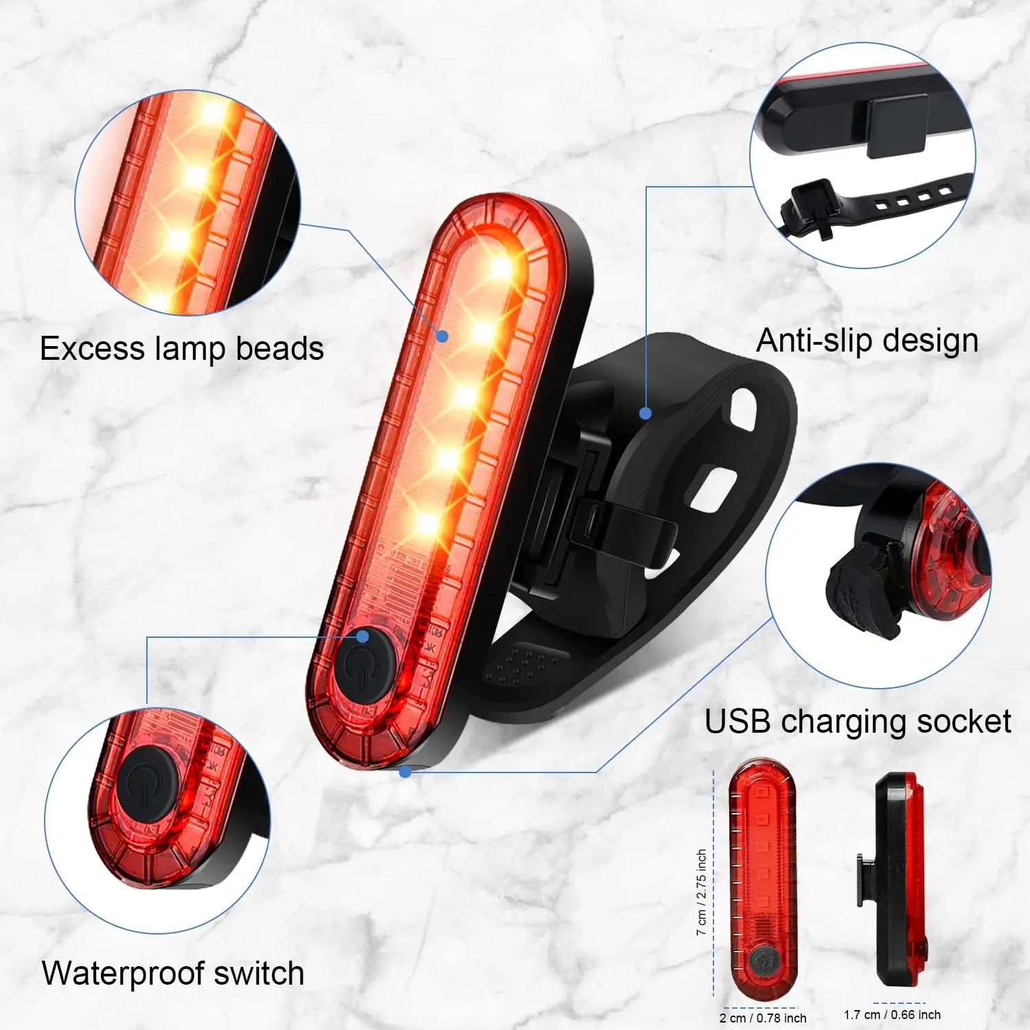 Feu arrière de vélo rechargeable par USB, LED rouge lumineuse, adapté à n'importe quel vélo/casque, facile à installer pour la sécurité du cyclisme