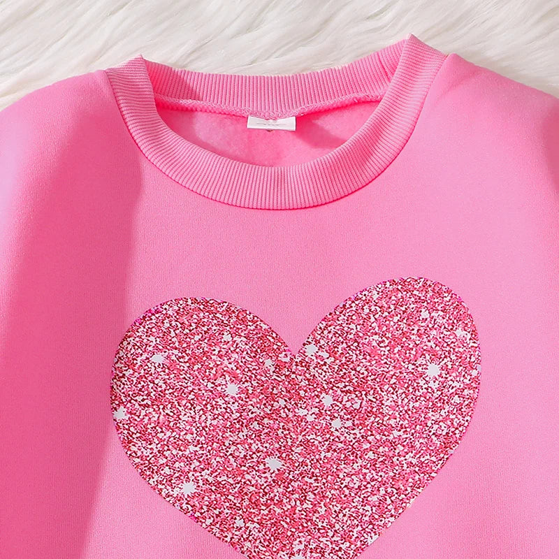 Ensemble de vêtements chauds pour enfants, couleur unie, imprimé cœur, haut et pantalon, sport décontracté, ample, vêtements de salon, automne et hiver