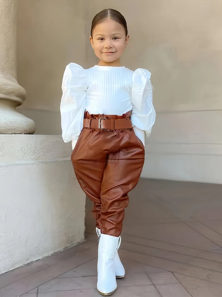 Ensemble de vêtements pour enfants filles, chemisier côtelé à manches longues bouffantes + pantalon en cuir PU avec ceinture, 2 pièces pour vêtements pour filles, taille 1 2 3 4 5 6