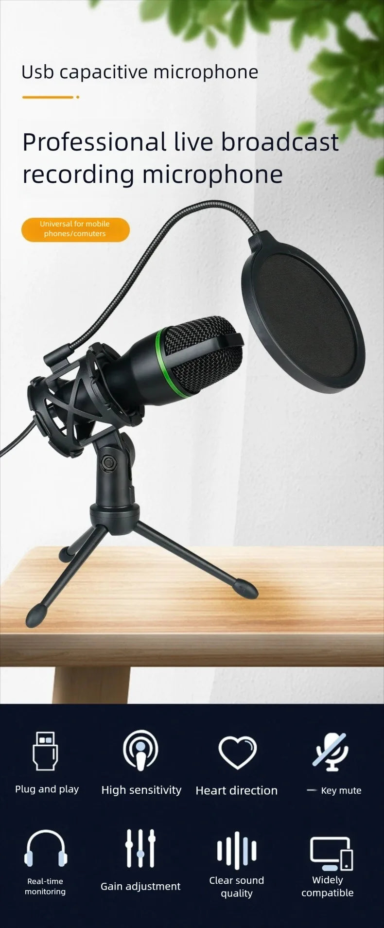 Microphone filaire à condensateur USB, 3.5mm, pour PC, ordinateur portable, jeu, Podcast, Studio, professionnel, Anti-soufflage, pour bureau