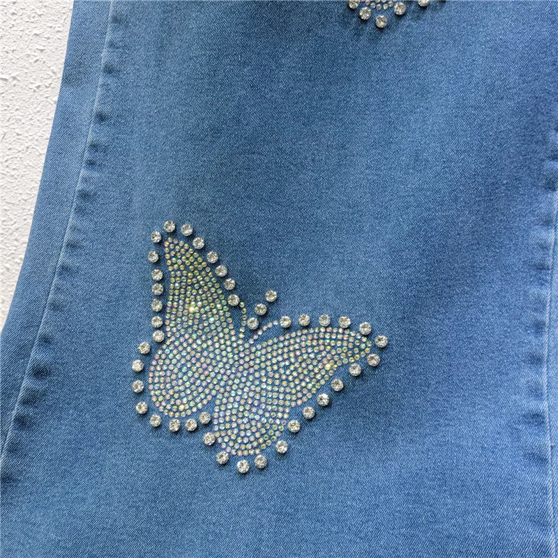 Women's high-waisted elastic jeans, floor-length pants, baggy pants, diamond beads, butterfly, wide leg, warm, casual, spring, autumn, new, 2025