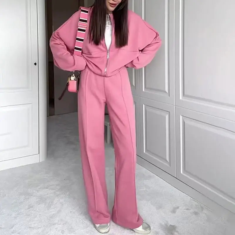 Women's two-piece casual set, solid color, sweatshirt, long sleeves, zip-up coat, long pants, pockets, elegant, autumn/winter 2025