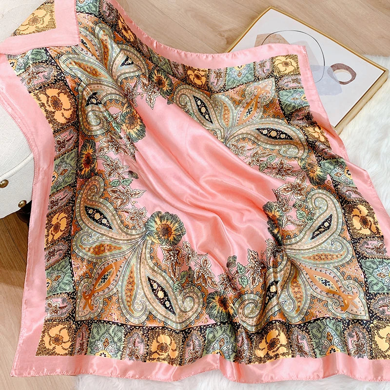2025 Design marque foulard foulard châle enveloppes imprimer soie Satin écharpe carré femmes musulman Hijab élégant bandeau Bandana