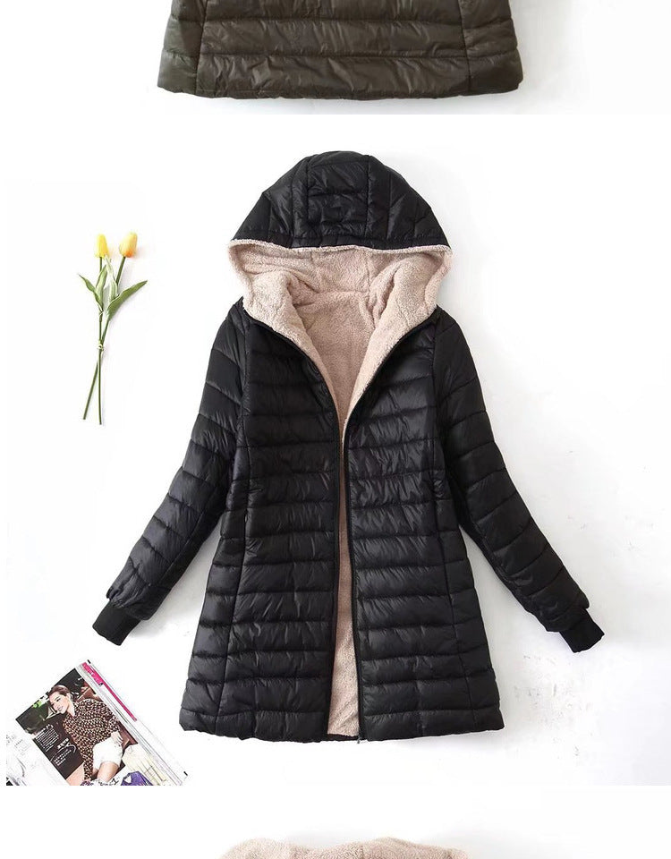 Women's Korean-style mid-length hooded cotton coat, warm lambswool coat and velvet jacket, new autumn and winter 2023 collection