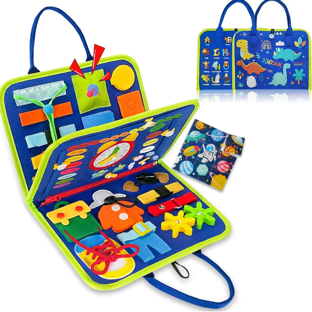 Planche occupée pour tout-petits, jouets Montessori, activités éducatives d'apprentissage, jouet de voyage, déguisement de dinosaure, sac à dos de compétences de vie sensorielle
