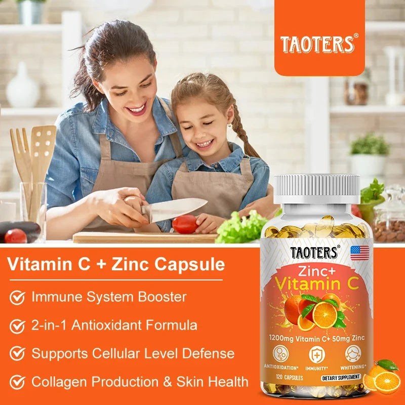 Taoters Supplément Vitamine C + Zinc - Haute Absorption - Système immunitaire, Vitamines pour la santé de la peau - Supplément Antioxydant