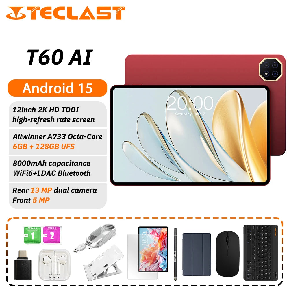 Teclast T60 AI tablette Allwinner A733 octa-core 12 pouces 2K HD TDDI écran 6GB RAM 128GB ROM Android 15 WiFi6 8000mAh 13MP + 5MP