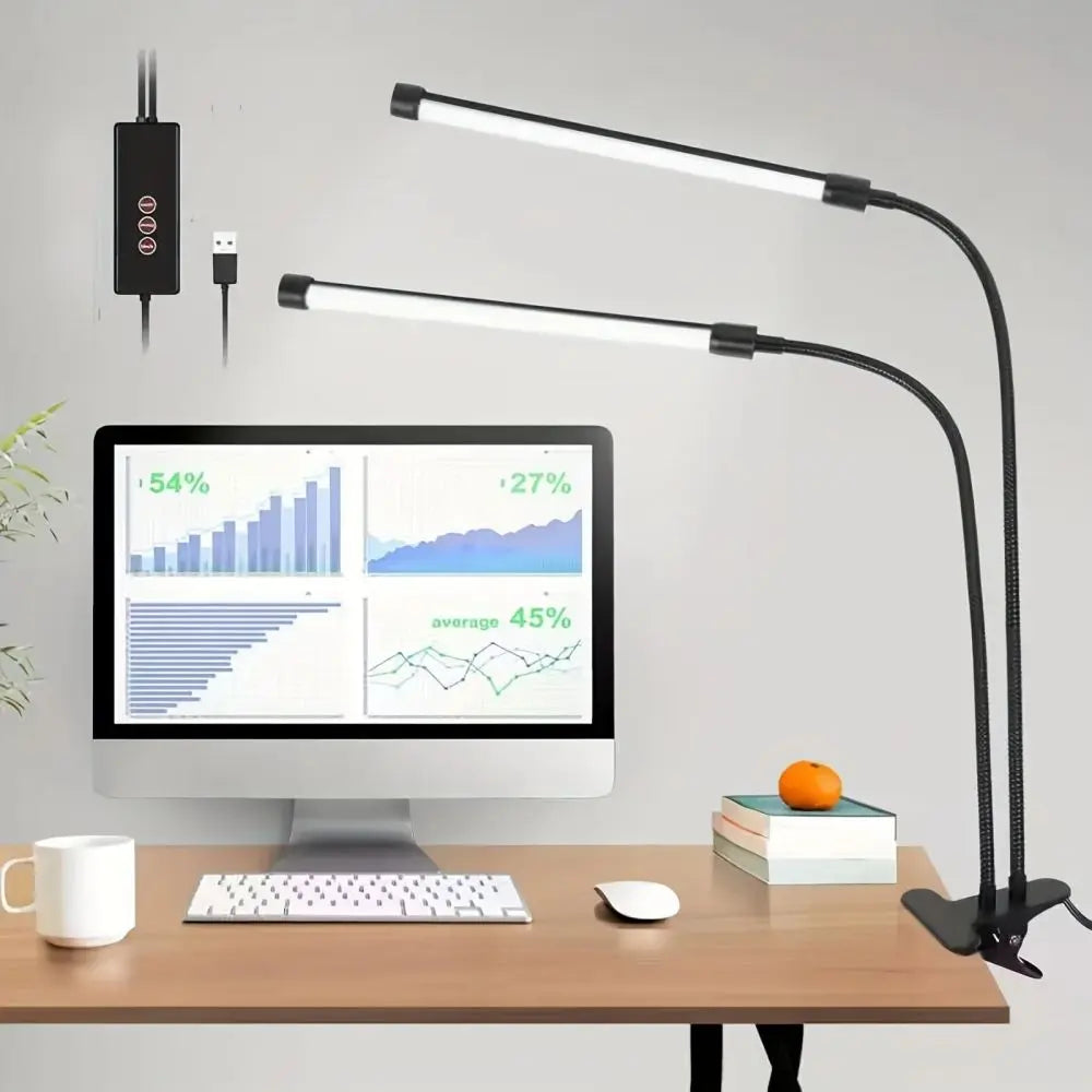 LED desk lamp with clip, dimmable reading lamp, 3 color temperatures, 10 brightness levels, USB clip-on table lamp