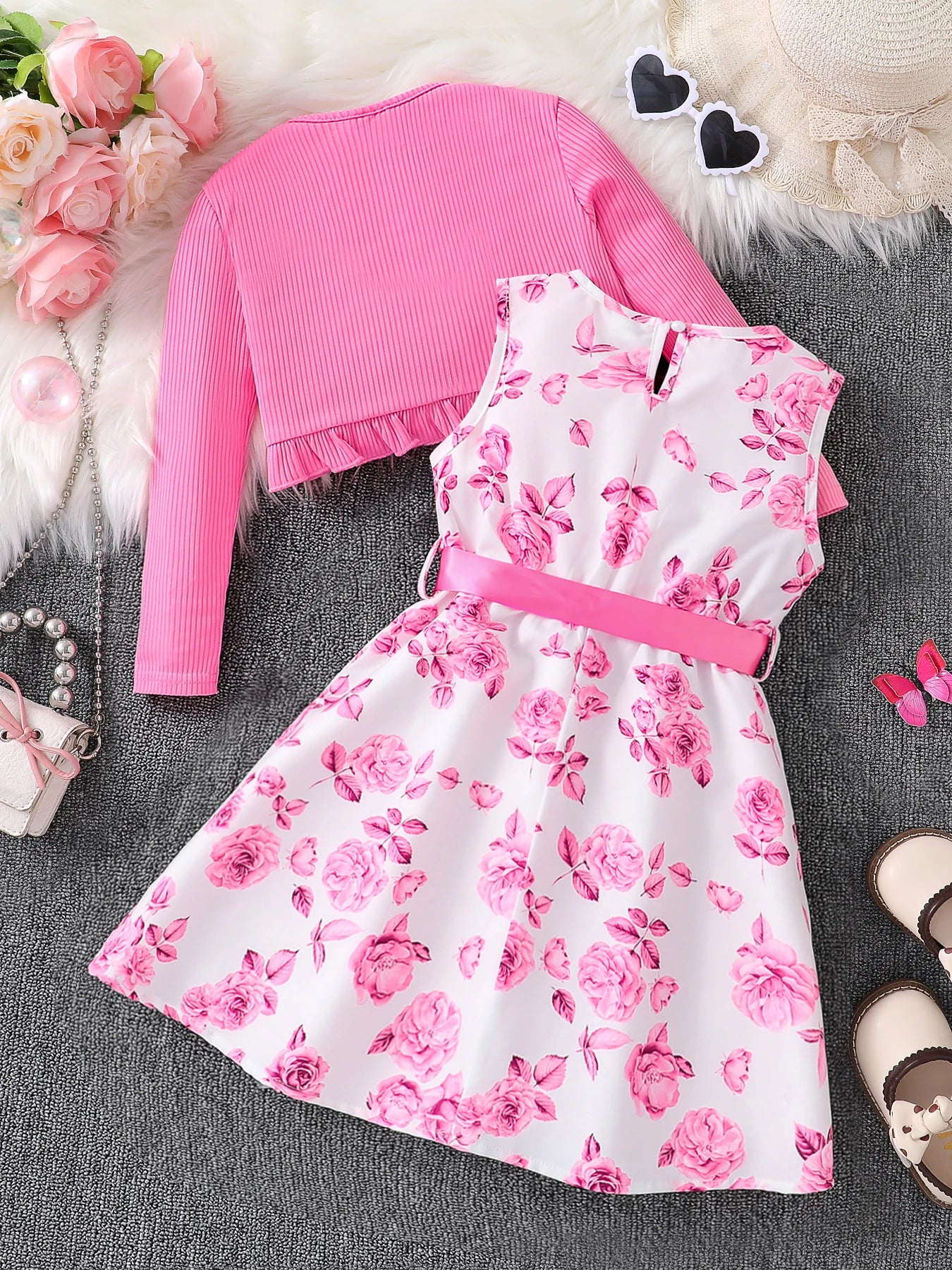 Vêtements pour enfants fille automne mode décontracté rose robe florale ensemble 2 pièces ensemble-rose col rond gilet + jupe florale rose
