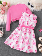 Vêtements pour enfants fille automne mode décontracté rose robe florale ensemble 2 pièces ensemble-rose col rond gilet + jupe florale rose