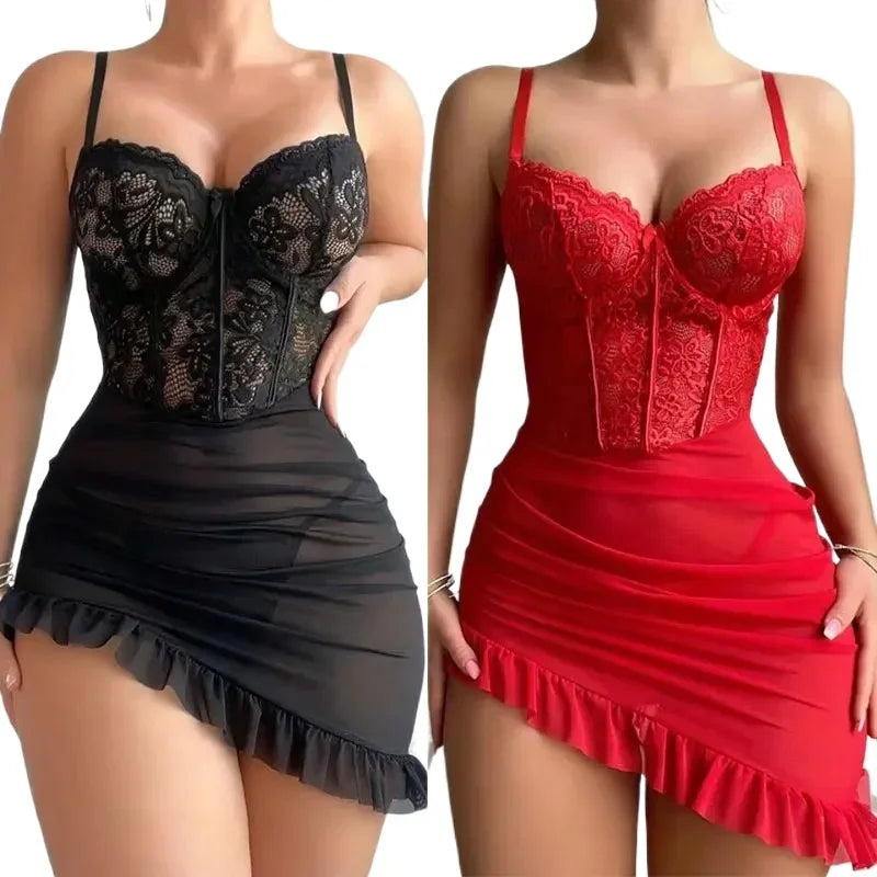 Ensemble érotique de soutien-gorge à armatures Transparent, Lingerie féerique Sexy pour femmes, chemise de nuit en dentelle transparente, pyjama, ensembles de nuit délicats et Sexy