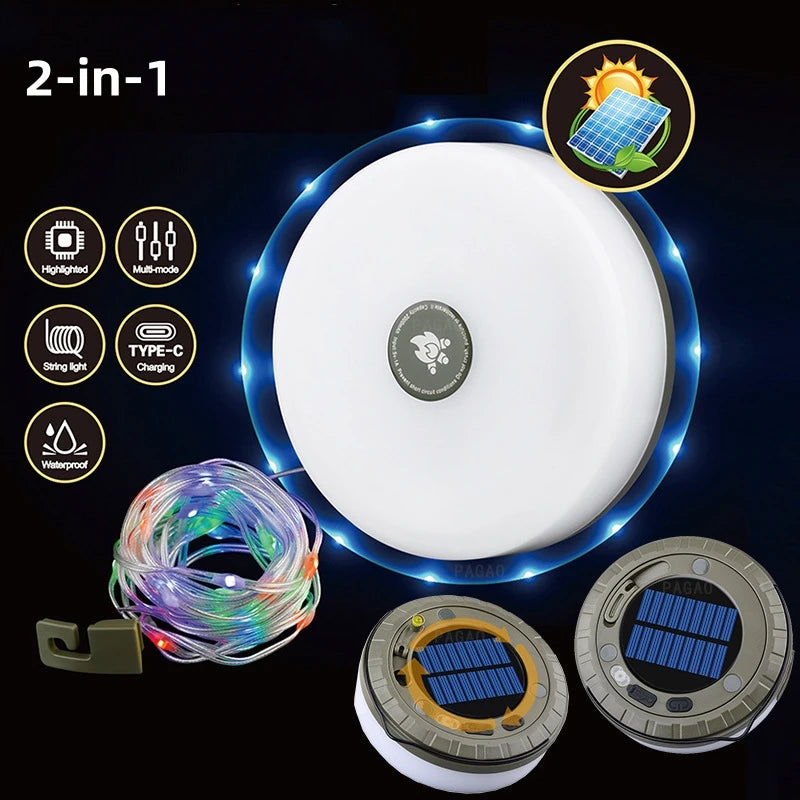 Guirxiété Solar Light for Outdoor Camping, LED Flashlight with Hook, Tent Light, RGB Lights, Stopovers, 10m