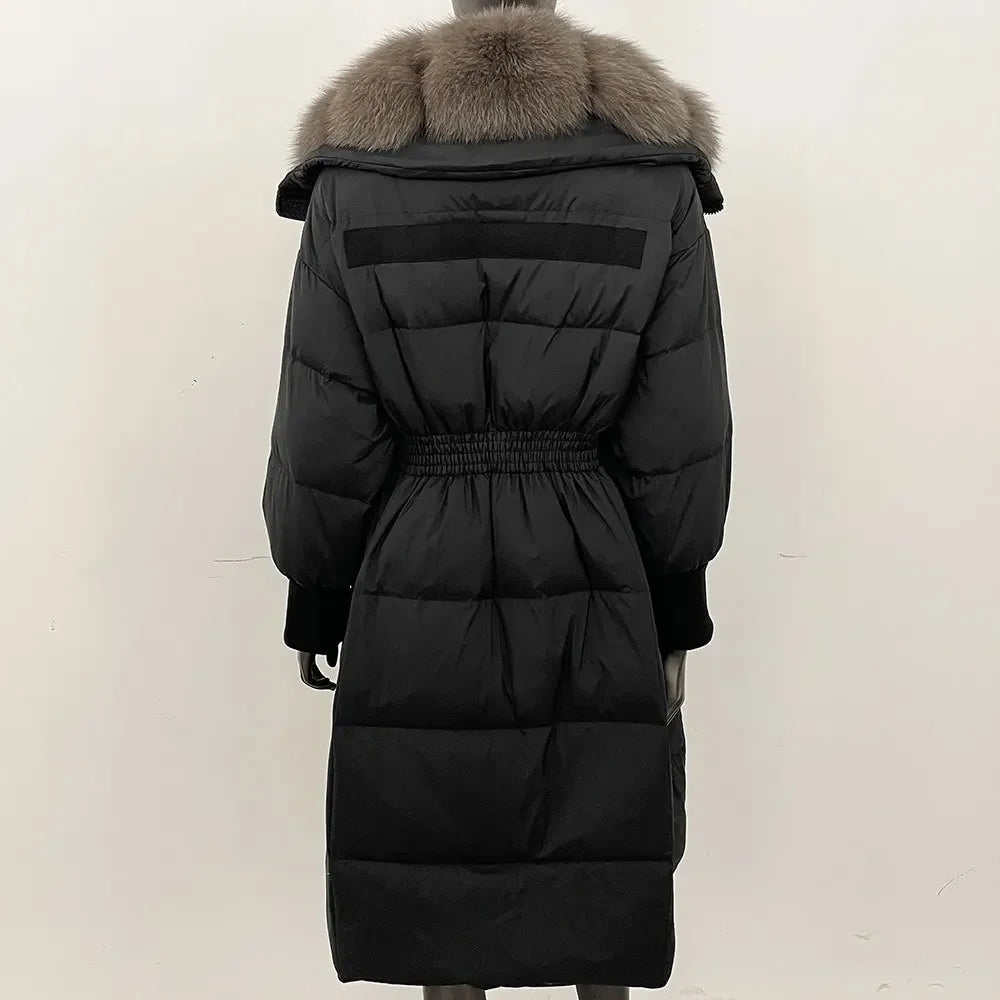 Doudoune longue avec col en fourrure pour femme, pardessus en fourrure de renard, longueur aux genoux, à la mode, chaude, cintrée à la taille, vêtements d'extérieur amincissants