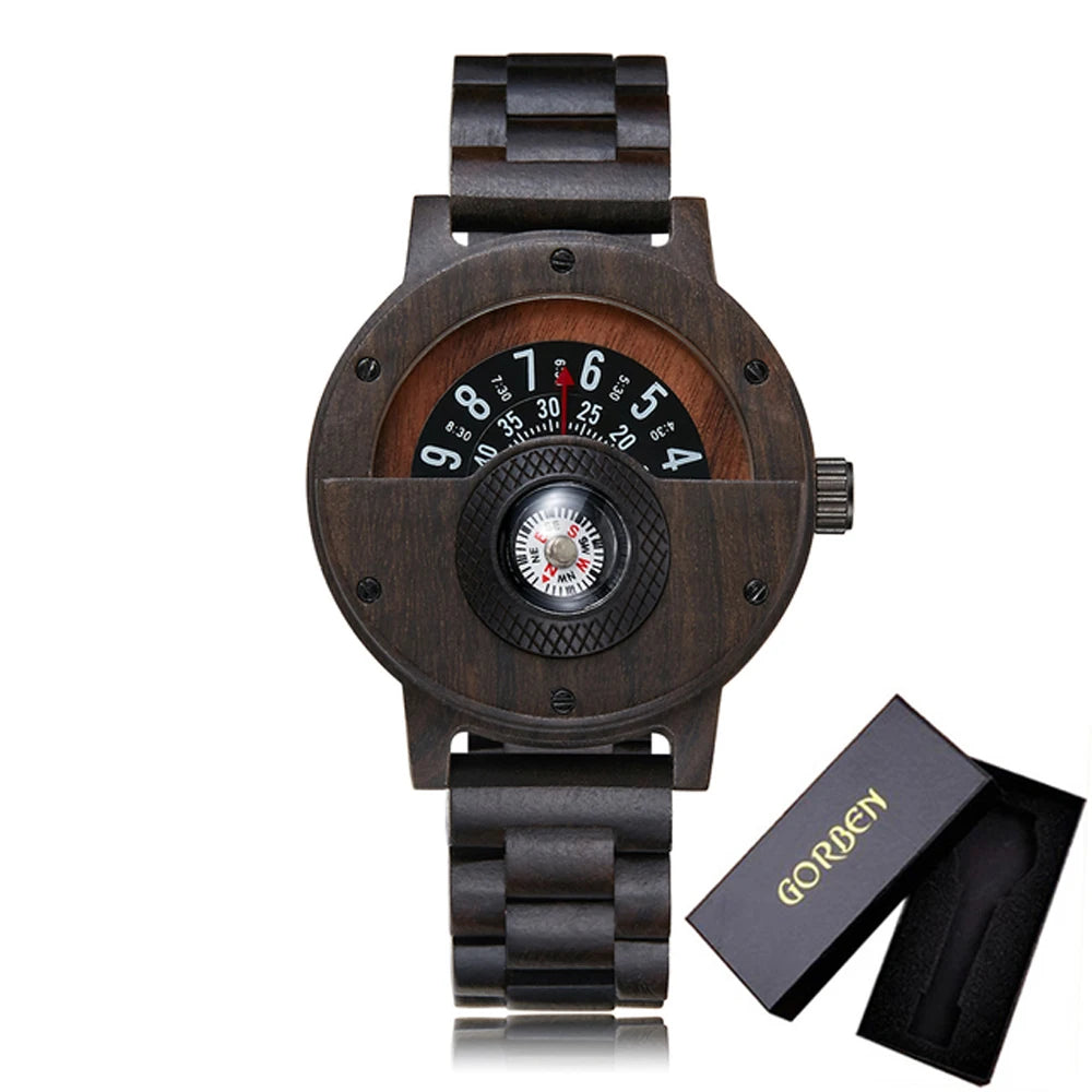Montre en bois naturel pour hommes, Table rotative, cadran boussole, véritable bois de noyer, ébène, bambou, Concept marron, montre à Quartz
