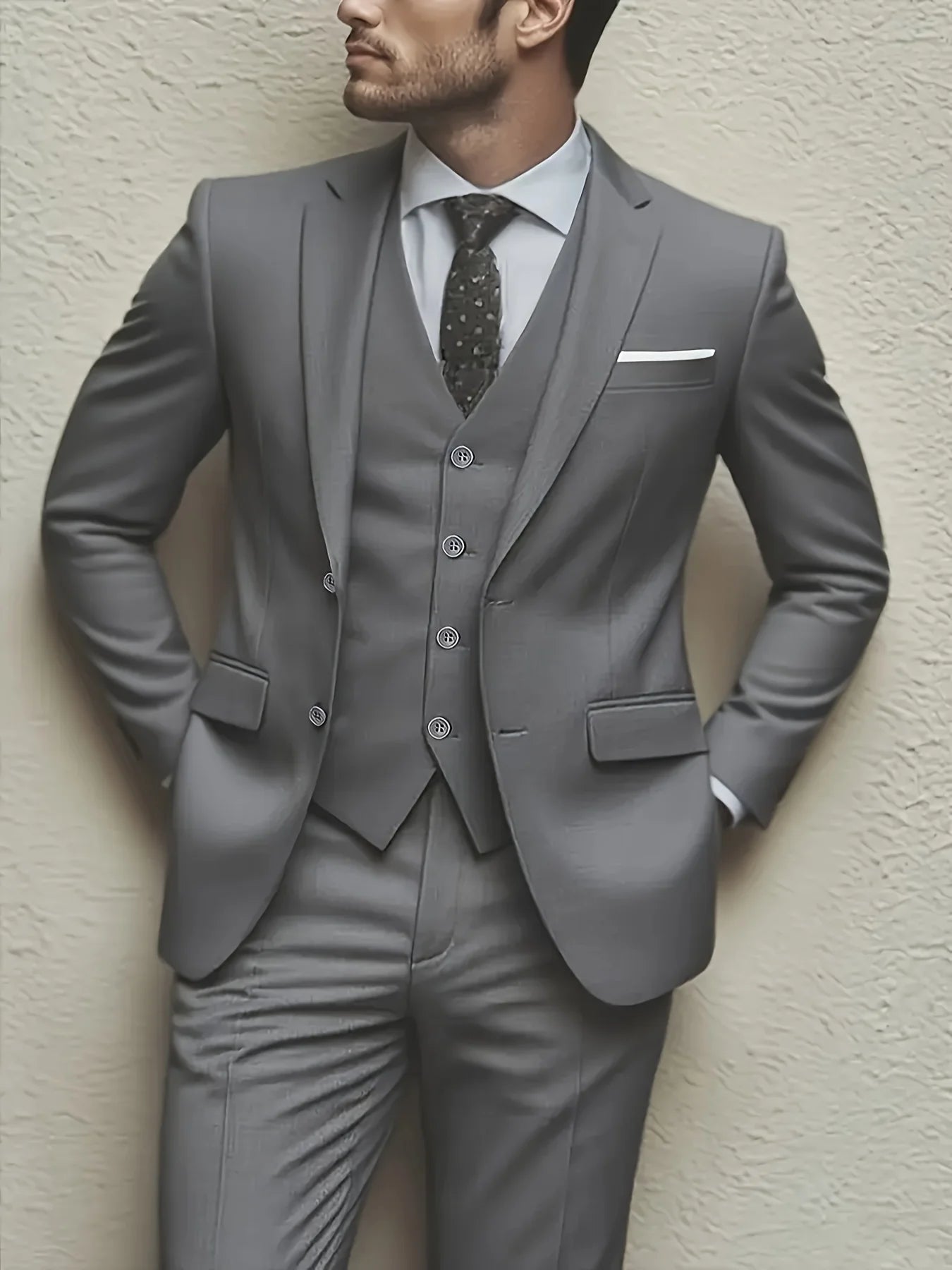 Men's 3-piece suit set, jacket + vest + trousers, fashionable and high quality, suitable for weddings, parties and formal occasions.