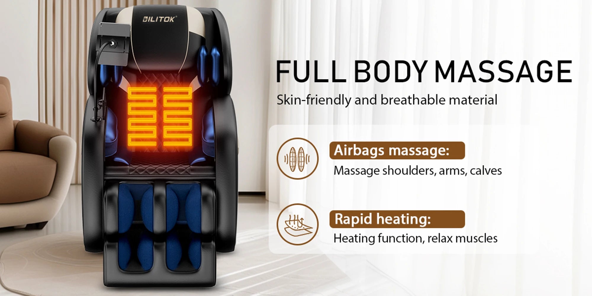 Fauteuil de massage complet Zero Gravity avec chauffage, airbags, rouleau pour les pieds et écran tactile – Supports jusqu'à 180 lb
