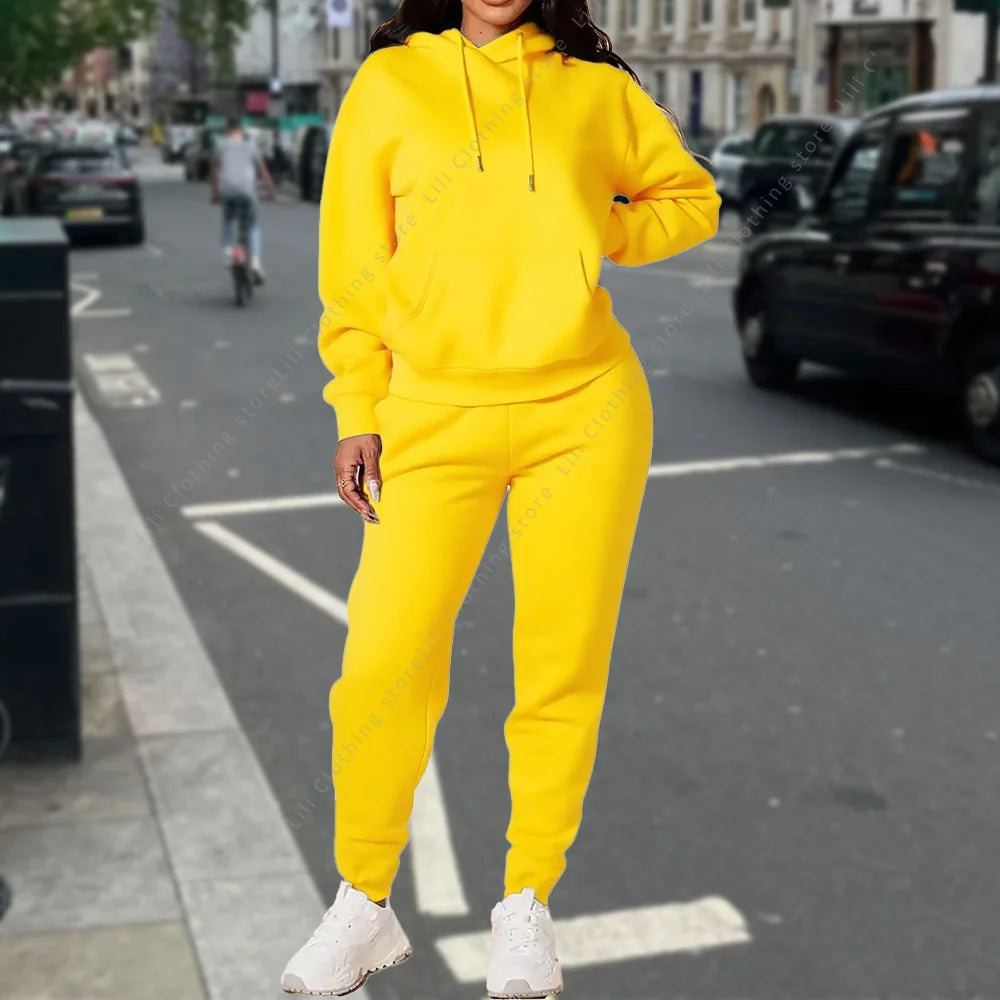 Ensemble deux pièces à capuche et pantalon pour femme, basique, vierge, automne-hiver, sweat-shirt surdimensionné, coupe ample, survêtement féminin