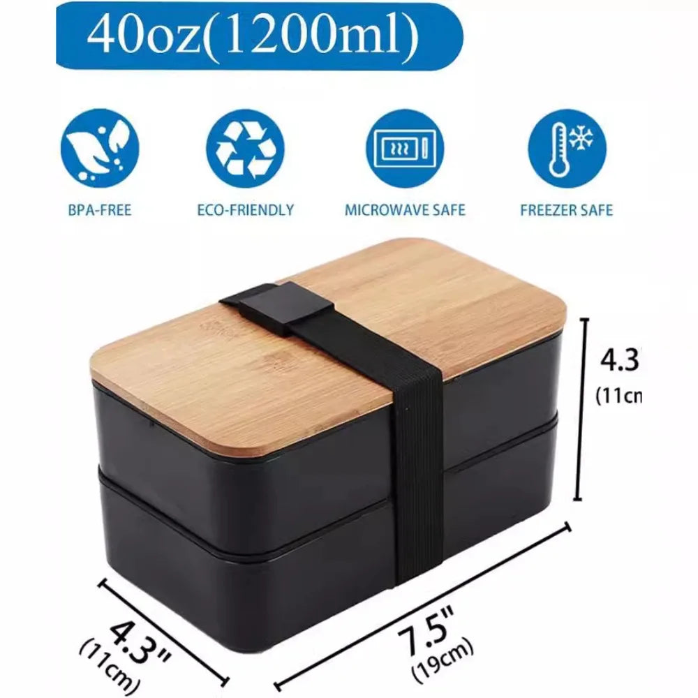Boîte à Déjeuner Synchronisée avec Couvercle en Bois pour Pique-Nique, Micro-ondes, Bento Japonais, Portable, Double Couche, Récipient Alimentaire pour Enfants, 1200ml