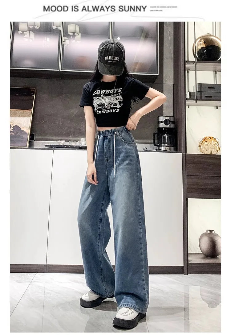 Jean ample à jambes larges, taille haute, bleu clair, grande taille, taille élastique, pantalon Dstring, pantalon Long amincissant