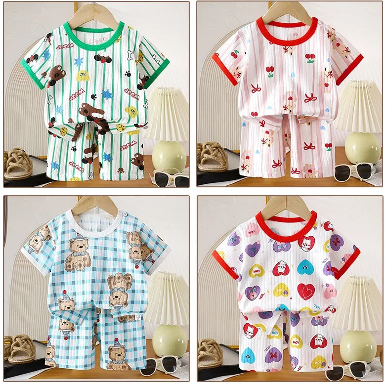 Ensemble de vêtements d'été en pur coton pour enfants, t-shirt à manches courtes avec Short, dessin animé mignon, pyjama décontracté pour bébés en bas âge