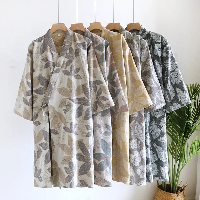 Peignoir en coton pour hommes, nouveau Style, couleur assortie, grande taille, vêtements de maison, pyjama Yukata, printemps et automne 2024