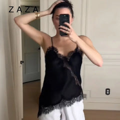 Été femmes haut à licou Satin dentelle épissé réservoir dos nu col profond Sexy gilet ourlet irrégulier robes 2025 dame vacances Sexy hauts