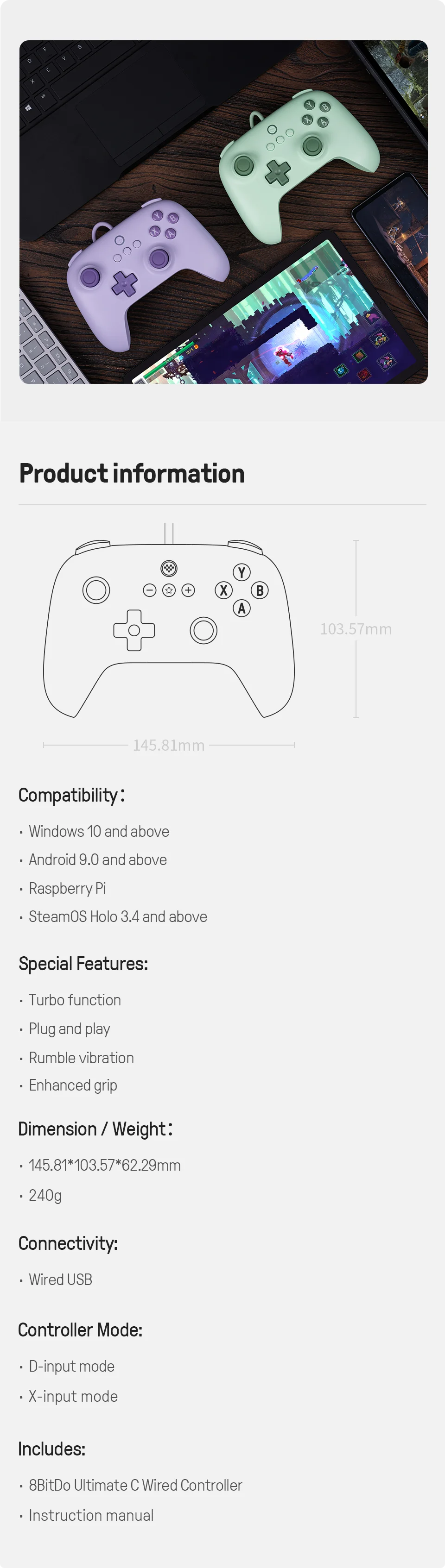 8BitDo Ultimate 2C contrôleur de jeu filaire manette de jeu pour PC Windows 10, 11, Steam Deck Raspberry Pi Android