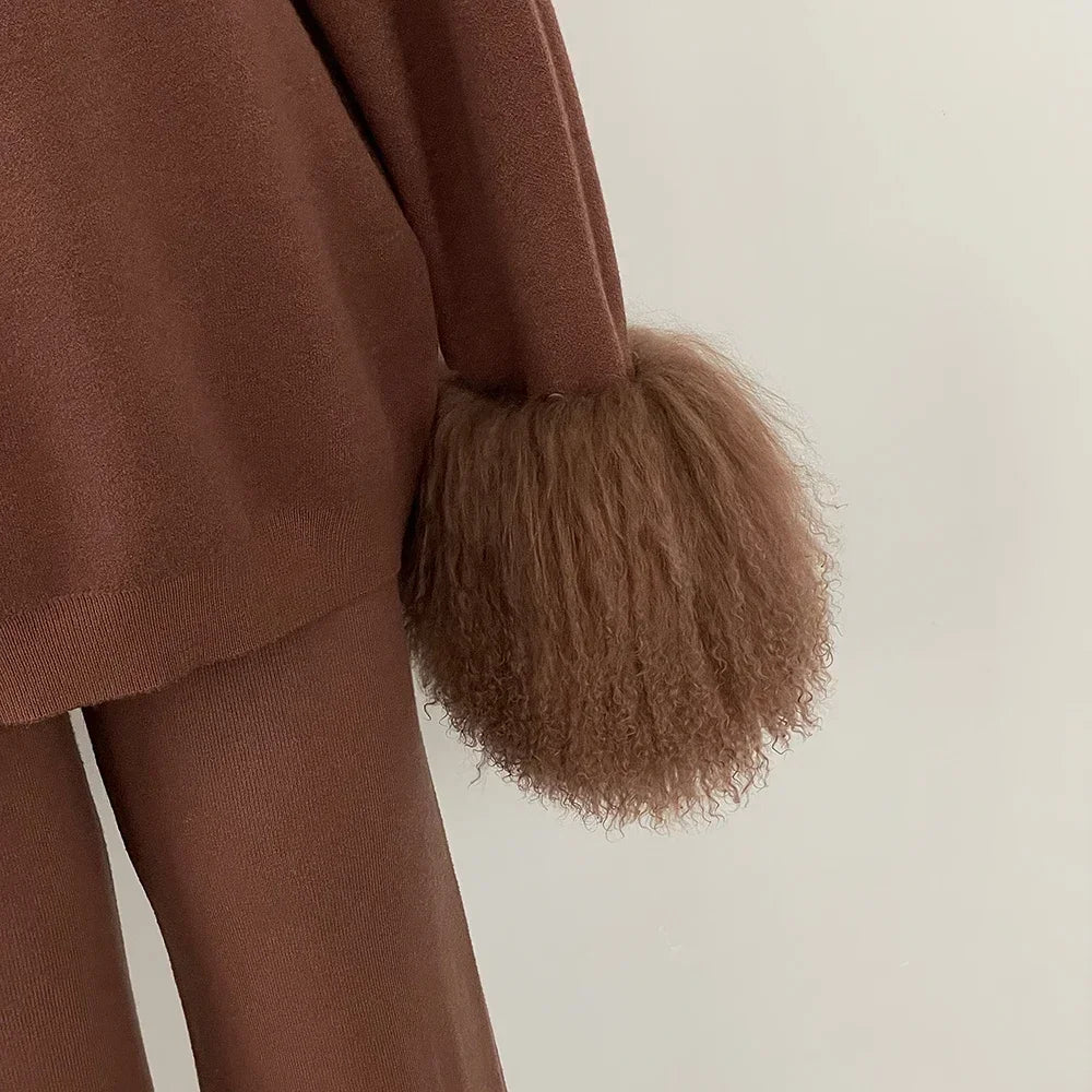 Ensemble pull et pantalon tricotés en laine et mélange pour femme, avec poignets en vraie fourrure de mouton mongole, costume tricoté de haute qualité 2025